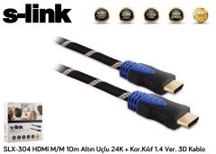 10mt HDMI Kablo S-link SLX-304 HDMI M/M 10m Altın Uçlu 24K + Kor.Kılıf 1.4 Ver. 3D Kablo