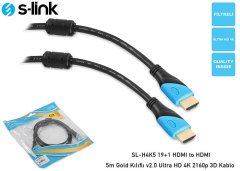 5mt HDMI Kablo S-link SL-H4K5 19+1 HDMI to HDMI 5m Gold Kılıflı v2.0 Ultra HD 4K 2160p 3D Kablo