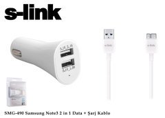 S-link SMG-490 Micro Usb3.0 Samsung Note3/S5 2000MA 2 in 1 2li Usn Araç şarjı ve Kablosu