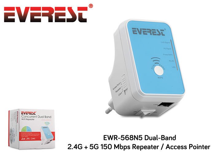 Everest EWR-568N5 Dual-Band 2.4G + 5G 150 Mbps Repeater + Client Uyumlu Access Point