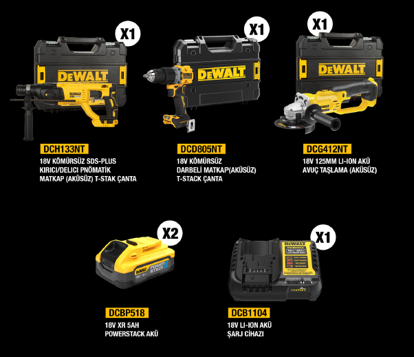 Dewalt DCH133NT + DCD805NT + DCG412NT 2X5AH POWERSTACK AKÜLÜ 3 LÜ SET