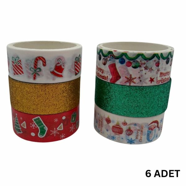 6lı Yılbaşı Desenli Washi Tape & Yeşil-Sarı Simli Bant Seti, Noel Temalı Yapışkan Rulo, 15mm-2m