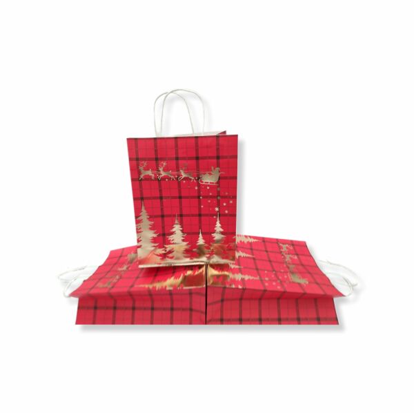 Roco Paper Yeniyıl Yılbaşı Kırmızı Kağıt Çanta Altın Varak Çam 18*23*10 cm 3'lü
