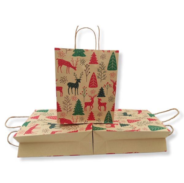 Roco Paper Yeniyıl Yılbaşı Kraft Kağıt Çanta Çam ve Geyik Desenli 26*33*12 cm 3'lü