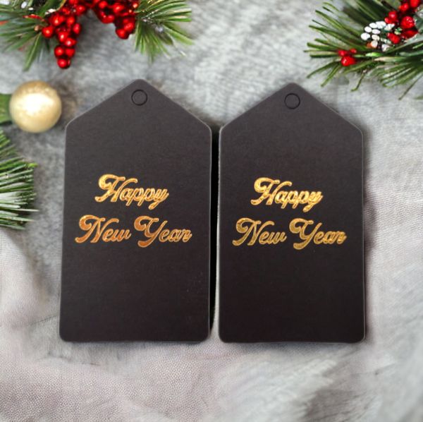 Roco Paper Yeniyıl Yılbaşı İsim Sallantı Etiketi Siyah Altın Varaklı Happy New Year 50li 4,5*7,5cm