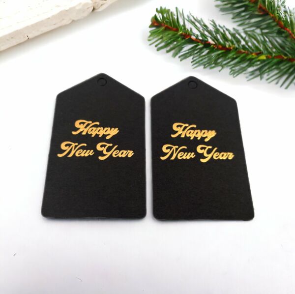 Roco Paper Yeniyıl Yılbaşı İsim Sallantı Etiketi Siyah Altın Varaklı Happy New Year 50li 4,5*7,5cm