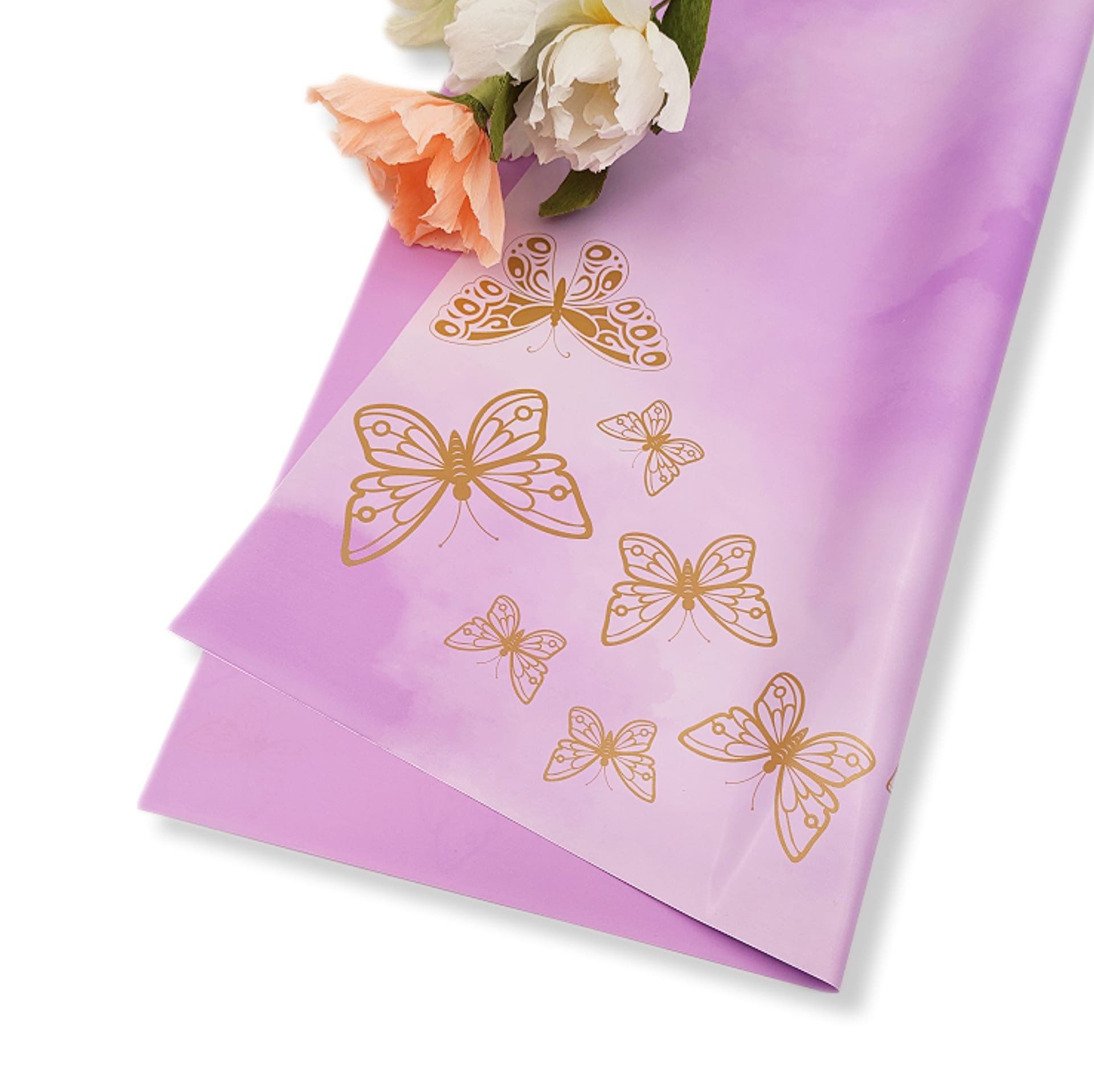 Çiçek Ambalaj Kağıdı - Lila - Altın Kelebekli - Mat OPP 58x58 cm - 20 Adet