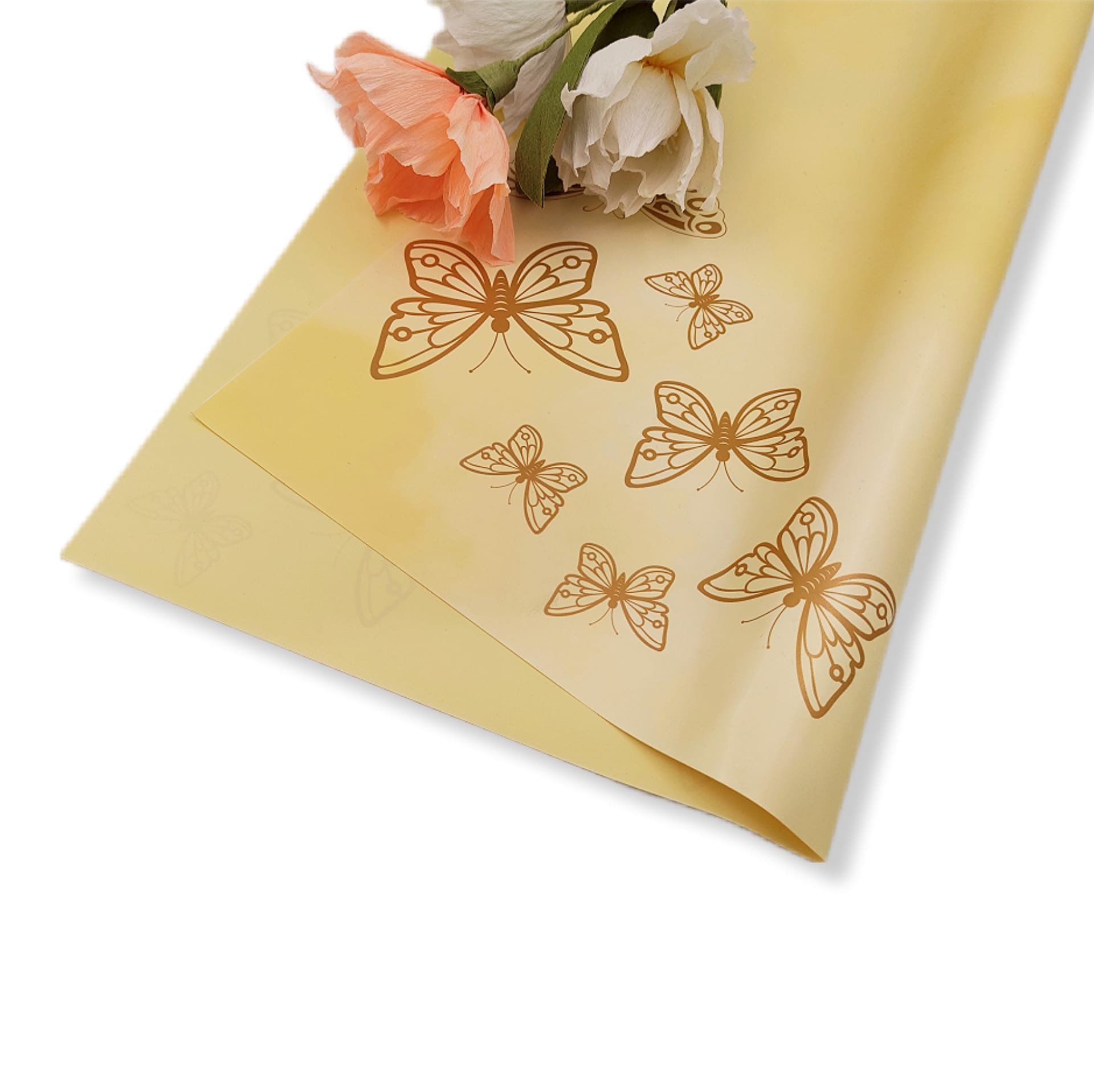 Çiçek Ambalaj Kağıdı - Koyu Krem - Altın Kelebekli - Mat OPP 58x58 cm - 20 Adet