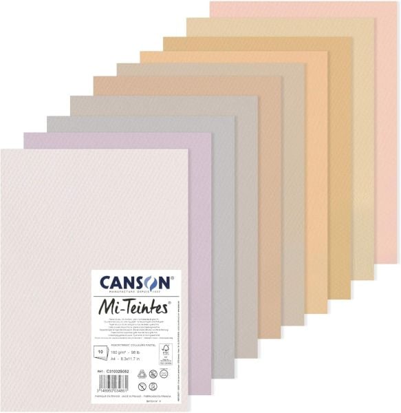 CANSON Mi-Teintes 160gr A4 Renkli Çizim Kağıt Çift Taraflı Petek ve İnce Taneli 10 Pastel Renkler