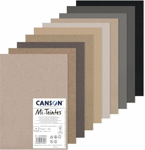 CANSON Mi-Teintes 160gr A4 Renkli Çizim Kağıt Çift Taraflı Petek ve İnce Taneli 10 Assorted Renkler