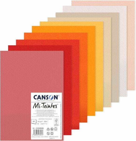CANSON Mi-Teintes 160gr A4 Renkli Çizim Kağıt Çift Taraflı Petek ve İnce Taneli 10 Sıcak Renkler