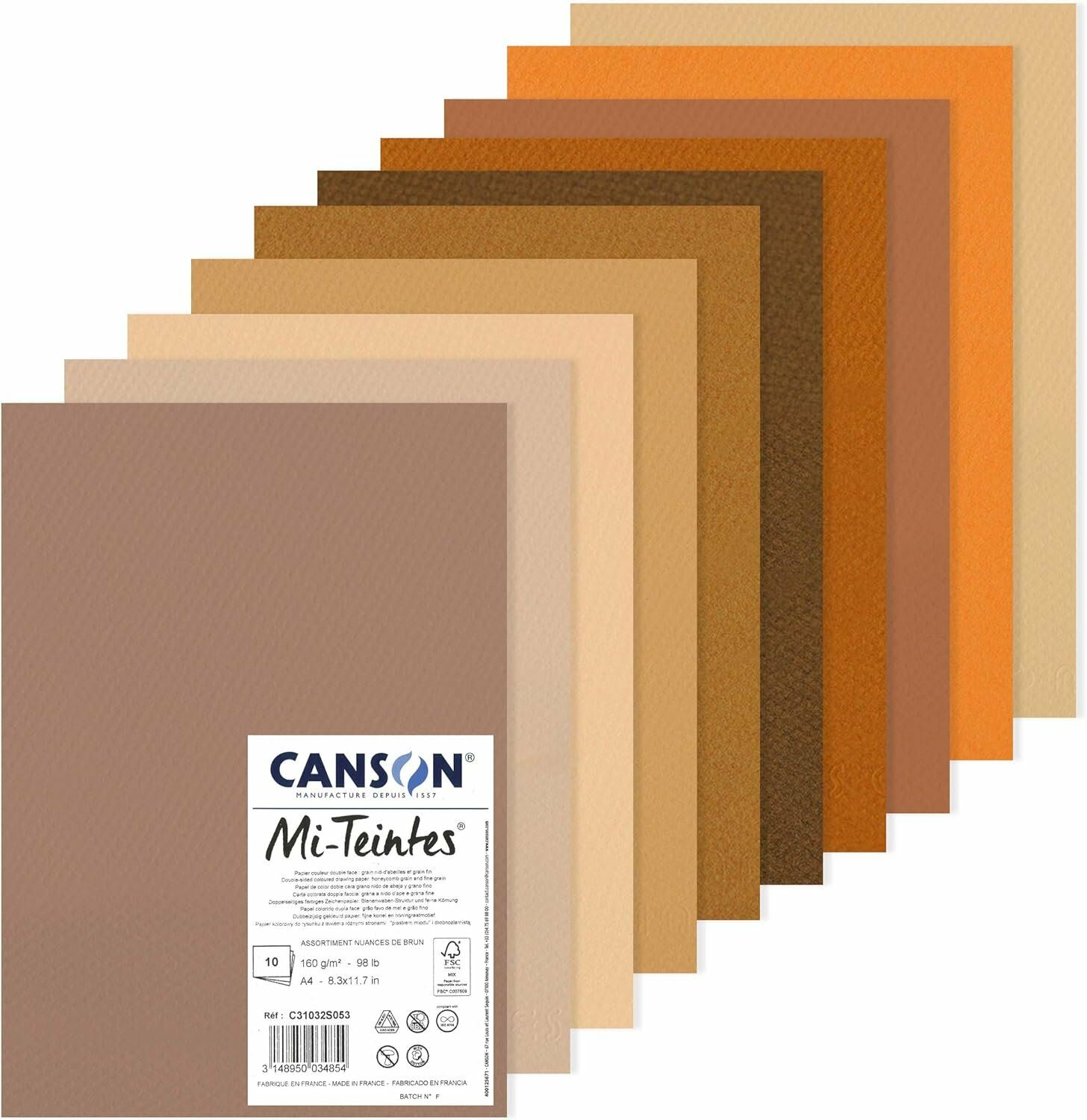 CANSON Mi-Teintes 160gr A4 Renkli Çizim Kağıt Petek ve İnce Dokulu 10 Adet Toprak (Brown) Renkler