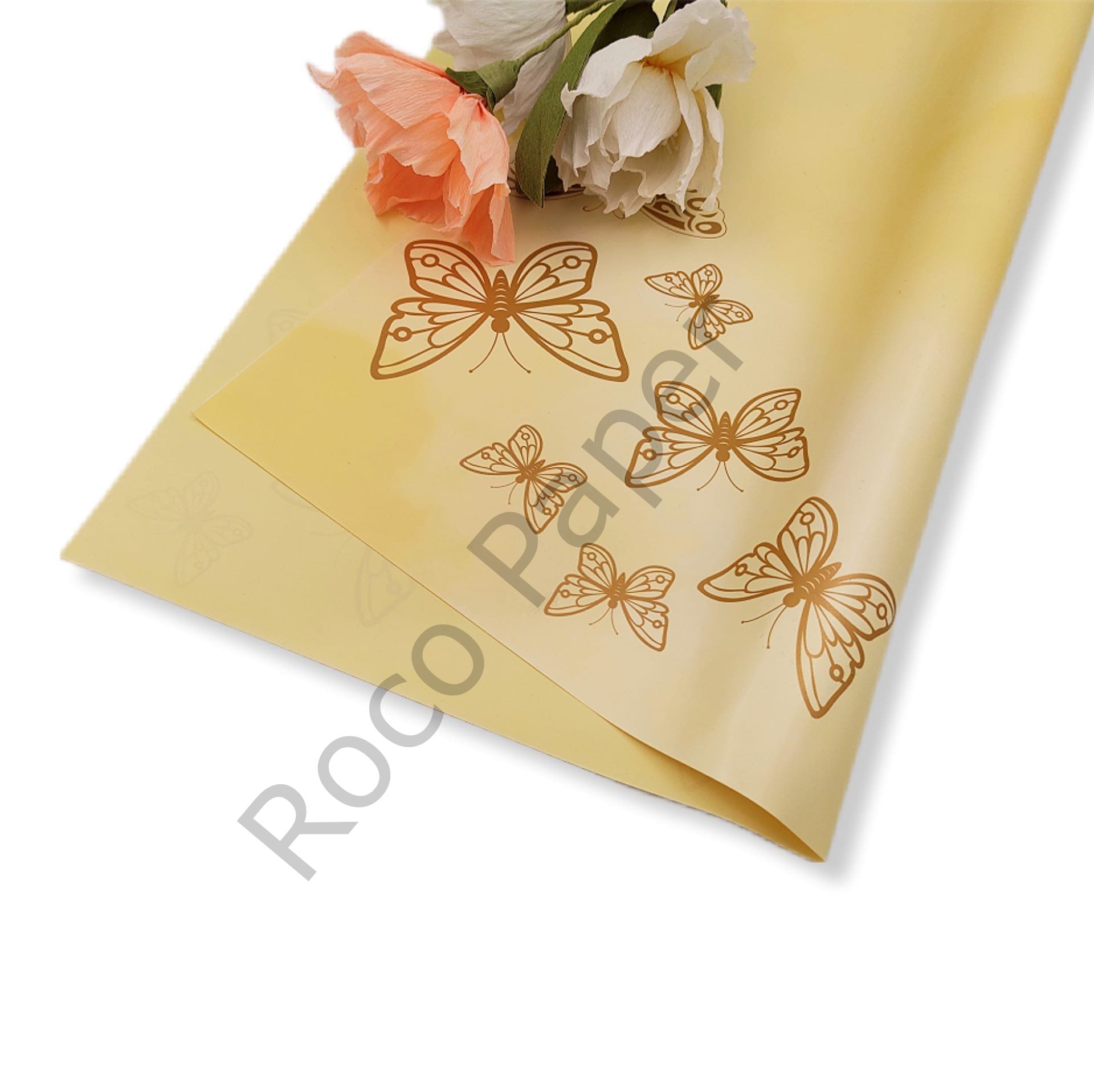 Çiçek Ambalaj Kağıdı - Koyu Krem - Altın Kelebekli - 5 Adet - Mat OPP 58x58 cm