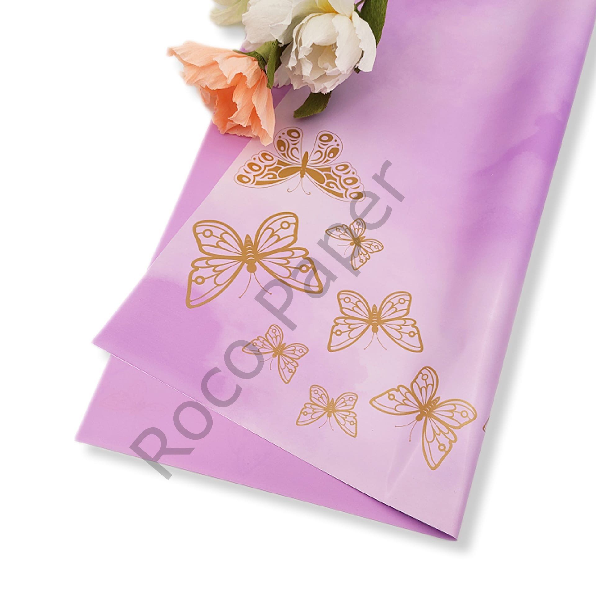 Çiçek Ambalaj Kağıdı - Lila - Altın Kelebekli - 5 Adet - Mat OPP 58x58 cm