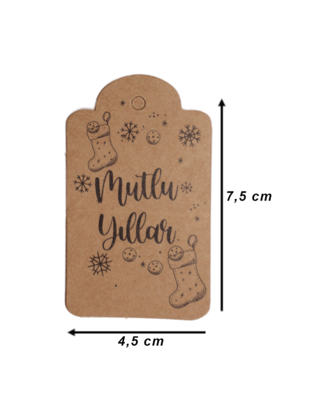 Yılbaşı Baskılı Kraft Etiket - 12 Adet - Mutlu Yıllar - Kubbe Etiket 4.5x7.5 cm T3