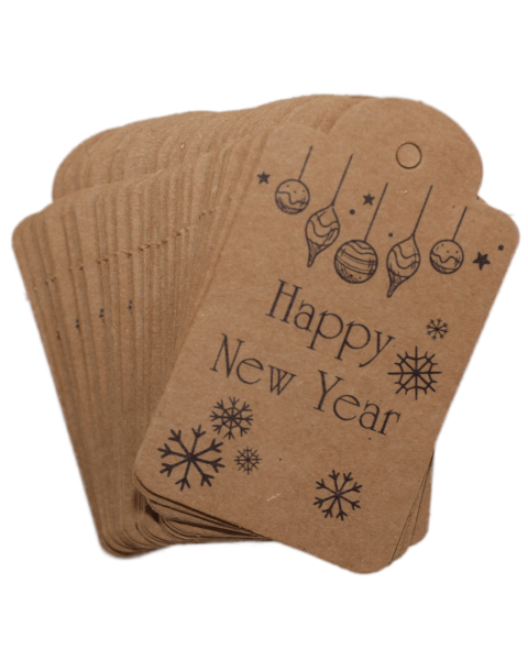 Yılbaşı Baskılı Kraft Etiket - 12 Adet - Happy New Year - Kubbe Etiket 4.5x7.5 cm I4