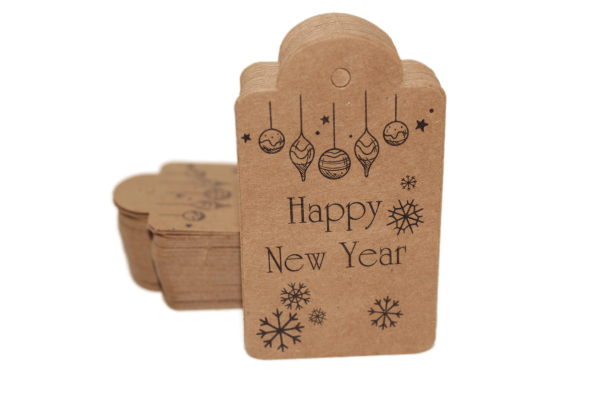 Yılbaşı Baskılı Kraft Etiket - 12 Adet - Happy New Year - Kubbe Etiket 4.5x7.5 cm I4