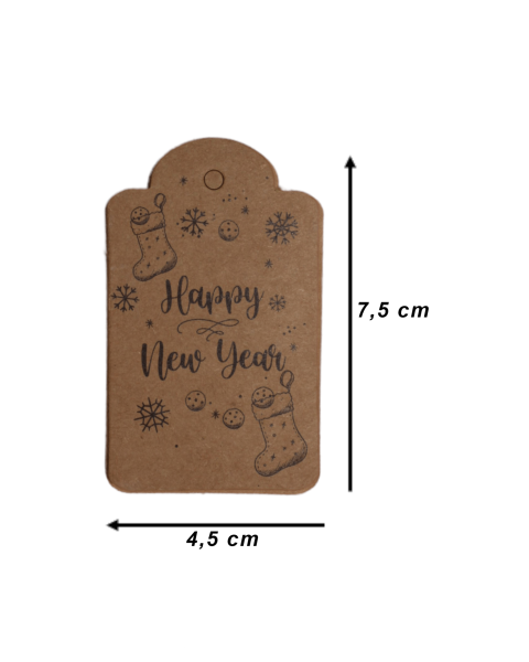 Yılbaşı Baskılı Kraft Etiket - 12 Adet - Happy New Year - Kubbe Etiket 4.5x7.5 cm I2