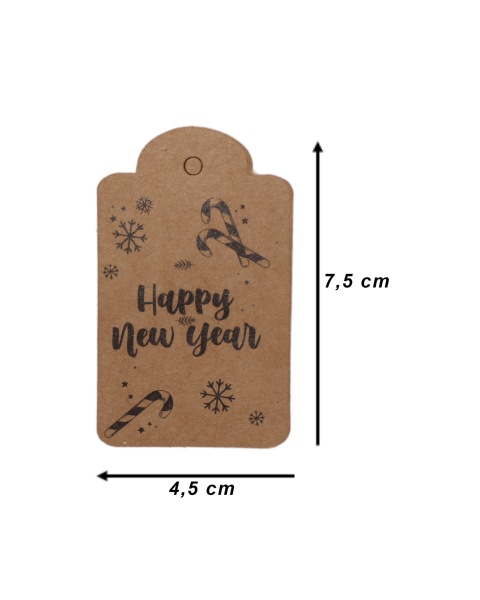 Yılbaşı Baskılı Kraft Etiket - 12 Adet - Happy New Year - Kubbe Etiket 4.5x7.5 cm I1