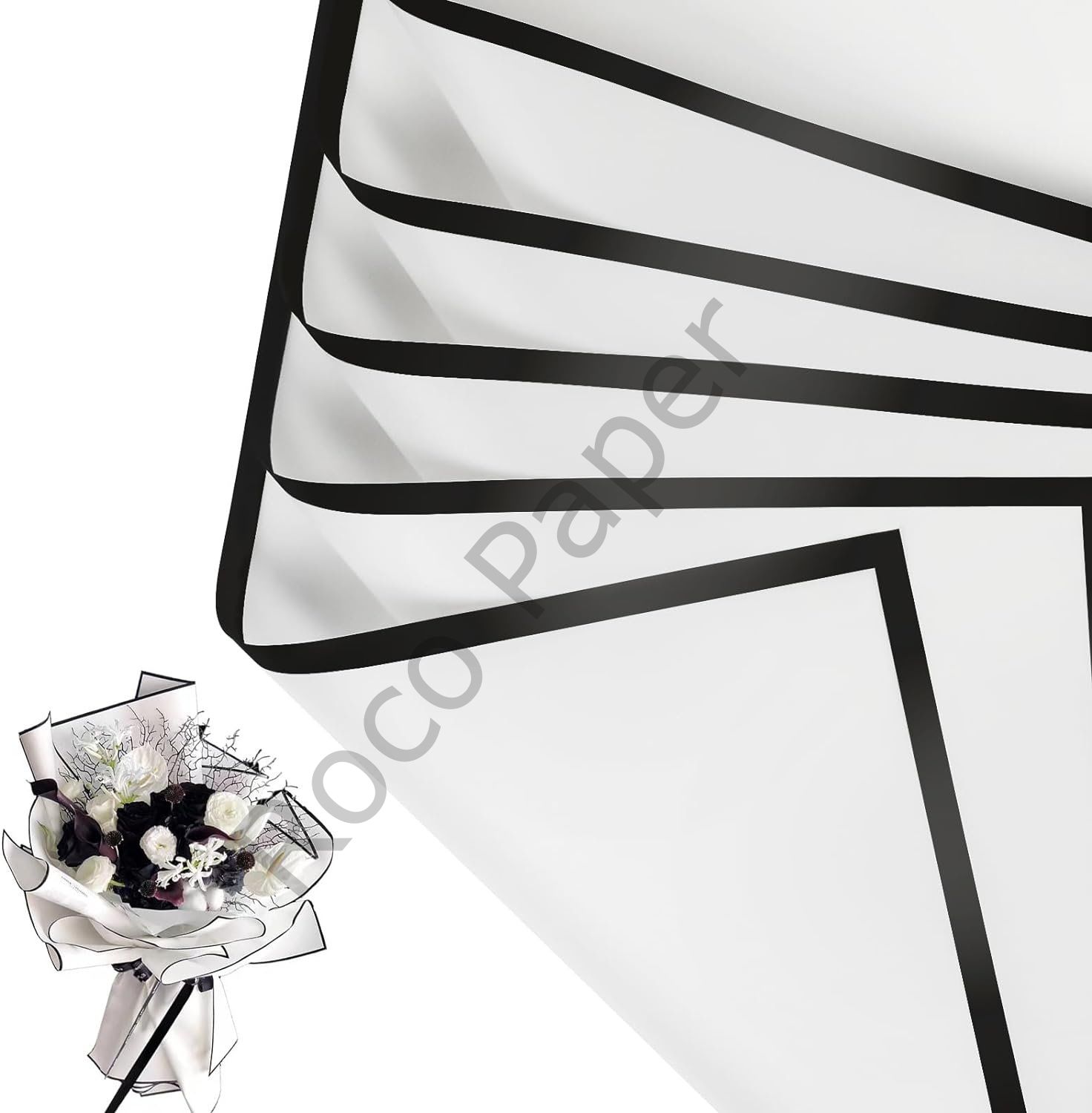Çiçek Ambalaj Kağıdı - Beyaz - Siyah Kenarlı - 5 Adet - Mat OPP 58x58 cm