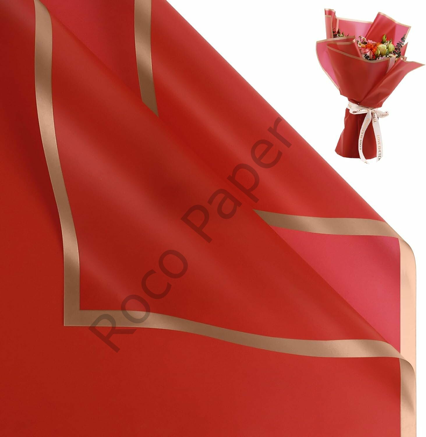Çiçek Ambalaj Kağıdı - Kırmızı - Altın Kenarlı - Mat OPP 58x58 cm - 5 Adet