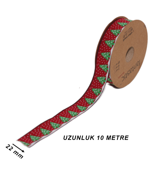 Çam Ağacı Desenli Kurdele - Yılbaşı Kurdele - Kırmızı 22mm x 10m 22482