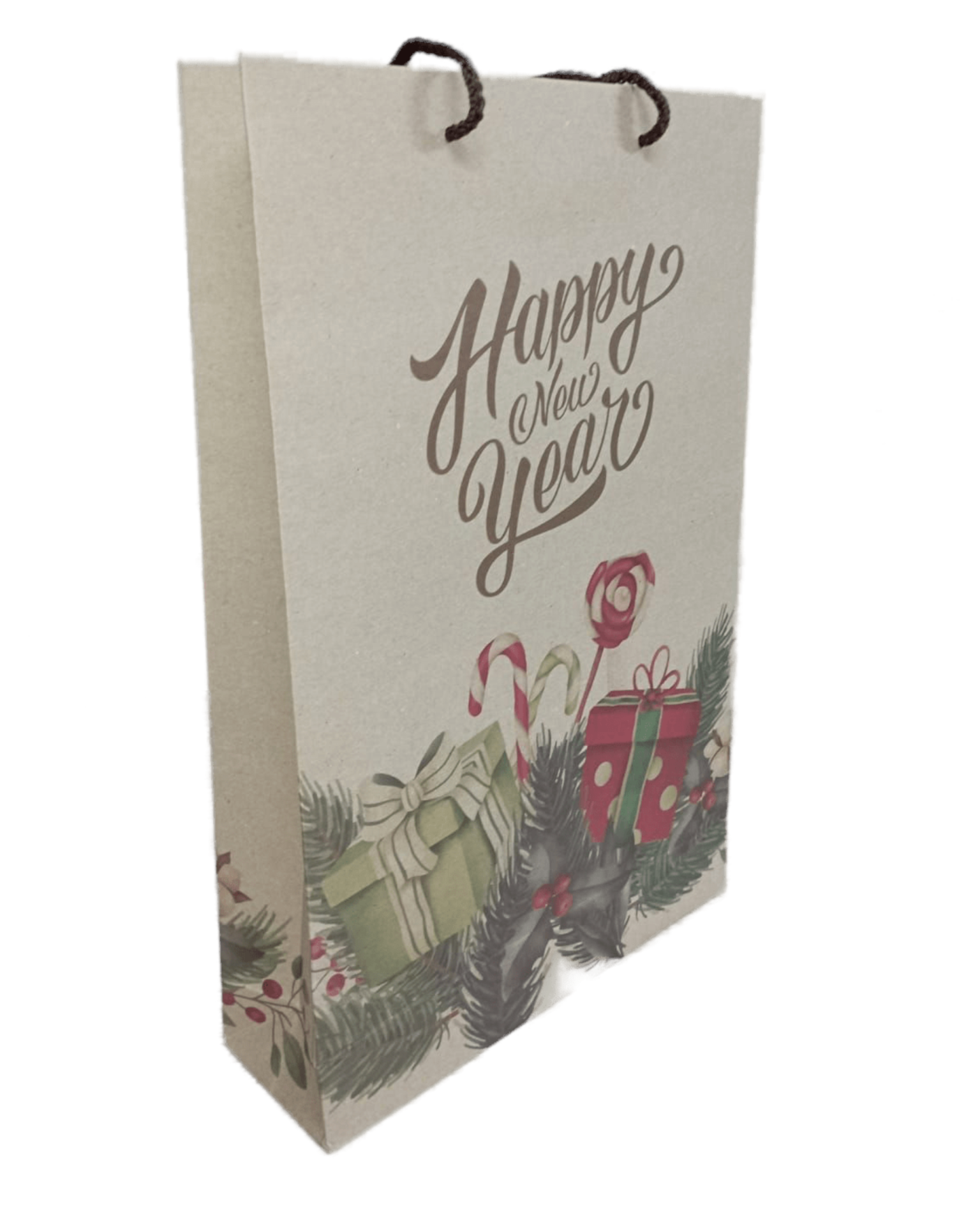Yılbaşı Baskılı Karton Çanta - İpli Yeni Yıl Kağıt Çanta - 10 adet -  26x40x8 cm