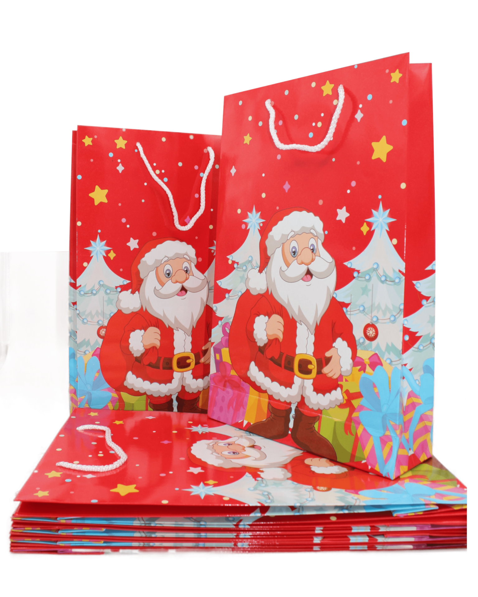 Yılbaşı Desenli Hediyelik Karton Çanta - Noel Baba Baskılı Karton Çanta - 26x40x8 cm -  Kırmızı