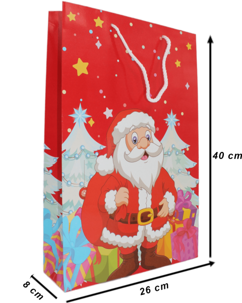 Yılbaşı Desenli Hediyelik Karton Çanta - Noel Baba Baskılı Karton Çanta - 26x40x8 cm -  Kırmızı