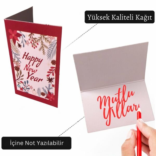 Yılbaşı Happy New Year Yazılı Hediye Kartı - Yeniyıl Tebrik & Not Kartı, 50 Adet, Kırmızı, 5.5x8.5 Cm