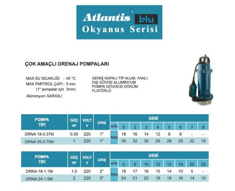 ATLANTİS DRNA 35-0.75M  1 HP 220V KESON KUYU ÇOK AMAÇLI DRENAJ DALGIÇ POMPA - Alüminyum Sargılı (Okyanus Serisi)
