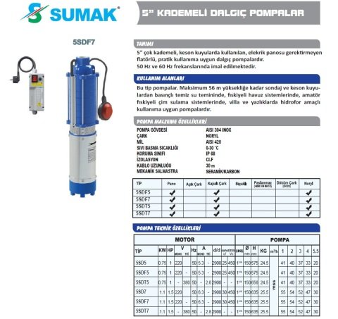 SUMAK 5SDT5 5\'\' 1 HP 380W DALGIÇ POMPA