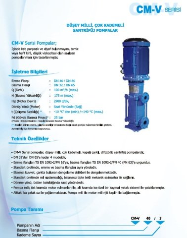 Norm CM-V 32/3      4 kW  380V   Düşey Milli Çok Kademeli Santrifüj Pompa