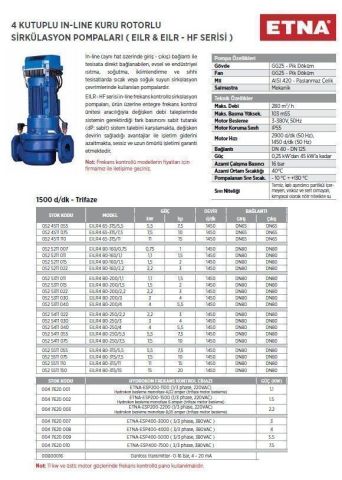 Etna, EILR4 100-200/5.5, 7.5Hp, 380V,  4 Kutuplu, İnline, Kuru Rotorlu, Sirkülasyon Pompa