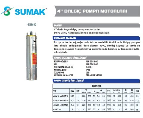 SUMAK 4SM20 2HP 220V Dalgıç motoru Yerli Malı (motor)