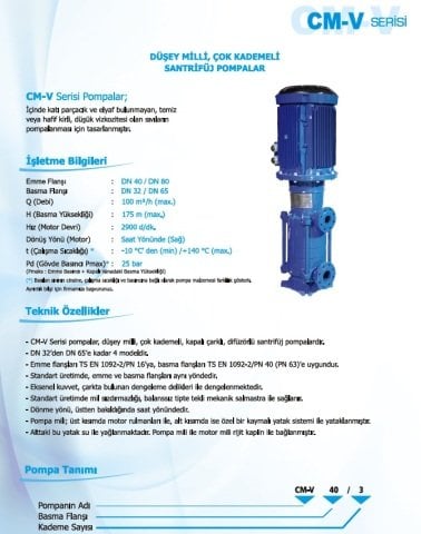 Norm CM-V 50/3      22 kW  380V   Düşey Milli Çok Kademeli Santrifüj Pompa