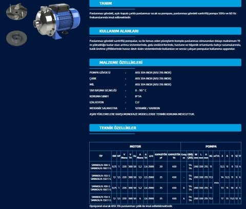 SUMAK SMINOX/K-100T-S 380V 1 HP PASLANMAZ SICAK SU SANTRİFÜJ POMPA