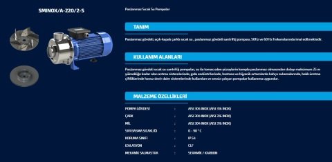 SUMAK SMINOX/A-300/2-S 3.HP 220V PASLANMAZ SICAK SU SANTRİFÜJ POMPA