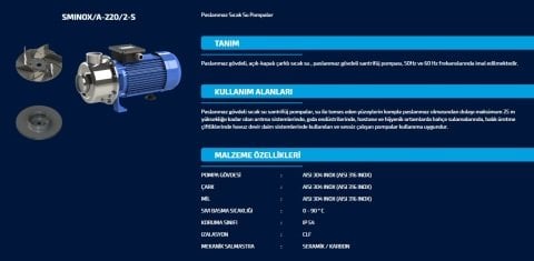 SUMAK SMINOX/A-300/2T-S 380V 3 HP PASLANMAZ SICAK SU SANTRİFÜJ POMPA