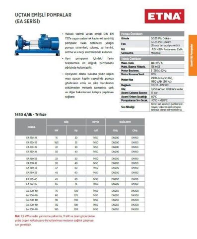 Etna EA 100-20, 100Hp, 380V, Uçtan Emişli Santrifüj Pompa