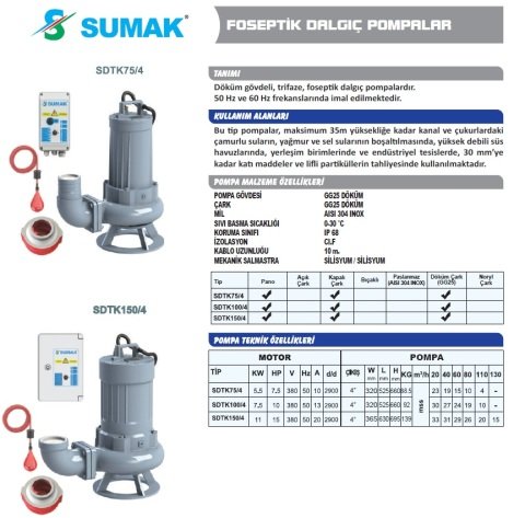 SUMAK SDTK 75/4 7.5HP 380v Açık Fanlı Pis Su Dalgıç Pompa