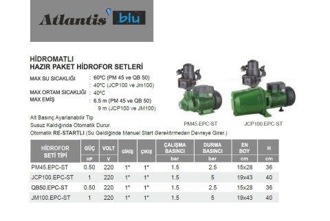 Atlantis Blu PM45.EPC-ST   0.50 Hp 220V  Hidromatlı Hazır Paket Hidrofor Seti