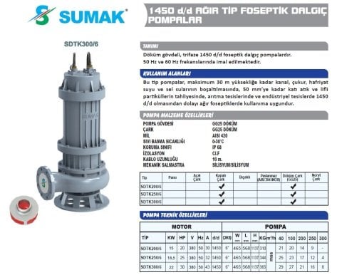 SUMAK SDTK 300/6 30HP 380v Açık Fanlı Pis Su Dalgıç Pompa
