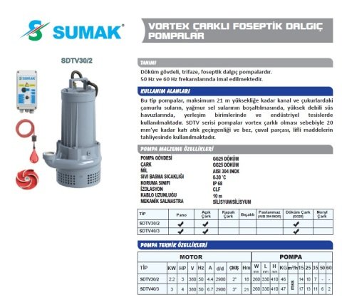 SUMAK SDTV 40/3 4HP 380v Açık Fanlı Pis Su Dalgıç Pompa