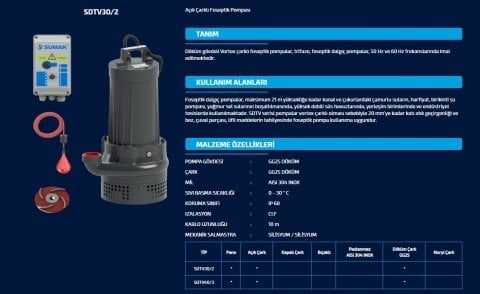 SUMAK SDTV 40/3 4HP 380v Açık Fanlı Pis Su Dalgıç Pompa