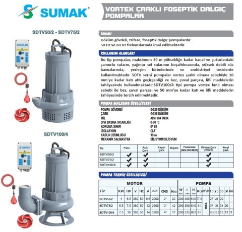 SUMAK SDTV 50/2 5.5HP 380v Açık Fanlı Pis Su Dalgıç Pompa