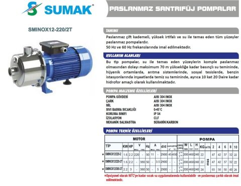 SUMAK SMINOX 12/220-2 KOMPLE PASLANMAZ KADEMELİ SANTRİFÜJ POMPA