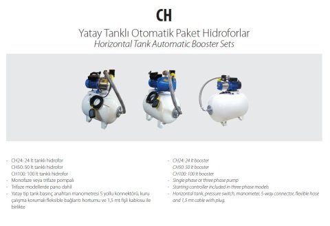 Aquastrong  CH 24 XHC 2-6      1Hp 220V   24 Litre  Yatay Tanklı Paslanmaz Yatay Kademeli Paket Hidrofor