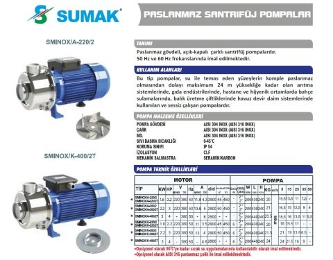 SUMAK SMINOX/A-300/2 220V 3.HP PASLANMAZ SANTRİFÜJ POMPA