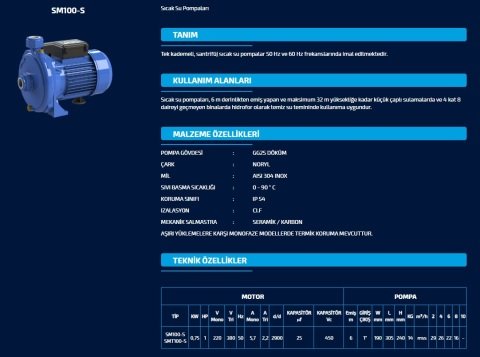 SUMAK SM 100-S 1HP 220V SICAK SU SANTRİFÜJ POMPA